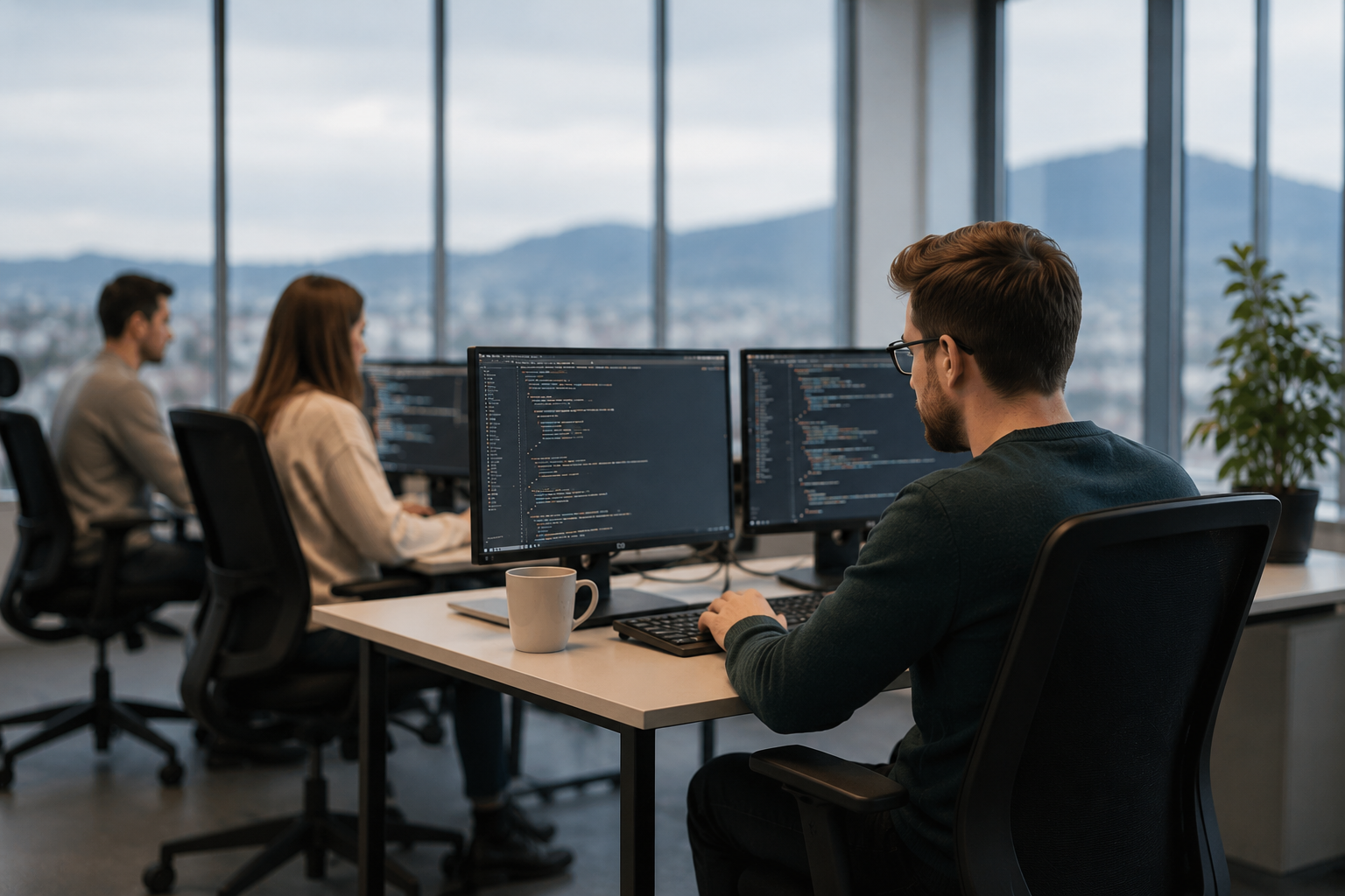 A modern open-plan tech office with software developers working at computer monitors displaying code. Large floor-to-ceiling windows overlook a blurred cityscape and hills in the background, creating a bright, professional workspace outside Edinburgh city centre.